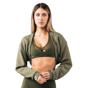 Women's Olive Green Cropped Sweatshirt Long Sleeve Open Front Casual Gym Workout Activewear Lightweight <b>Layering</b> <b>Top</b> - Product Image 1