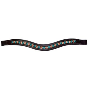 Diadema para Caballo de Cuero de Grano Completo de Primera Calidad con Logotipo Personalizado y Cadena de Cristales Azules y Dorados Alternados - Product Image 1
