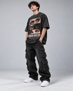 T-shirt noir surdimensionné Thorfin Industry pour homme avec imprimé photo d'œil, style streetwear, manches courtes, col rond, en coton, prix de gros - Product Image 1
