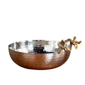 Bol de service en acier inoxydable martelé argenté de qualité supérieure, fait main, avec motif floral en laiton doré, pour la décoration de table d'hôtel. - Product Image 6