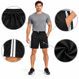 Shorts de sport pour homme, noirs, à séchage rapide, avec bande latérale, taille élastique, cordon de serrage, pour la course à pied et la gym, en mesh - Product Image 6
