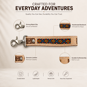 Handcrafted Brown Leather Beaded Keychain Red black Tribal Pattern <b>Engraved</b> Floral Accent Metal Clasp Vintage Western <b>Key</b> - Product Image 5