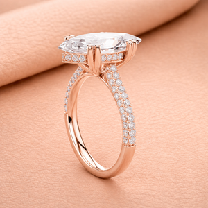 Bague de fiançailles et d'anniversaire en or massif 14 carats plaqué rhodium avec diamant de laboratoire ovale taille E VVS2 certifié IGI, halo caché double - Product Image 2