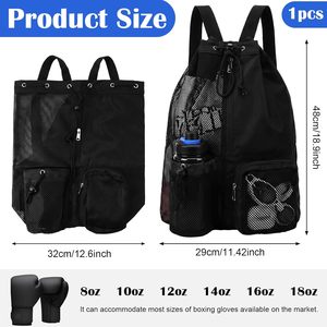 Black Mesh Drawstring <b>Backpack</b> with Water Bottle Pocket and Boxing Gloves Storage for Gym <b>Training</b> - Product Image 2