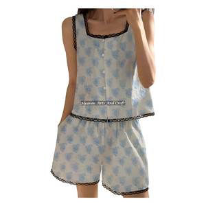 Conjunto de Pijama de Algodón 100% con Estampado Artesanal y Ribete de Encaje, Ultra Suave, Floral, Sin Mangas, para Primavera/Verano, ¡Gran Oferta! - Product Image 3