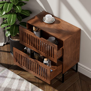 Farmhouse Wooden Buffet Accent Cabinet Slatted Drop Down Storage <b>Sideboard</b> Coffee Bar Metal Legs Dining Living Room <b>Kitchen</b> - Product Image 2