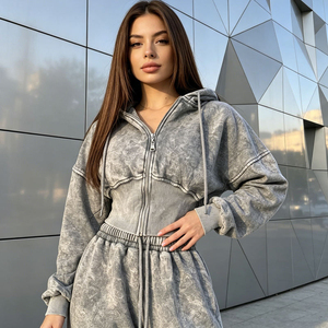 Custom Cotton Fleece Ladies 2 Piece Hoodie Set <b>Women's</b> Distressed Acid Washed <b>Zip</b> <b>up</b> Crop <b>Top</b> and Jogger - Product Image 1