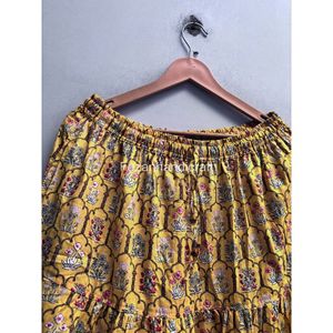 Jupe trapèze jaune à imprimé géométrique pour femme, taille élastique, volants, mi-mollet, style Prairie Chic, en mousseline pour l'été - Product Image 5