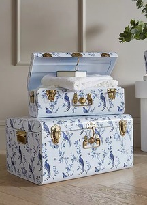 Ensemble de boîtes de rangement métalliques de style oriental avec motif d'oiseaux bleus, design rectangulaire empilable pour articles divers, finition imprimée, coffres de rangement - Product Image 2