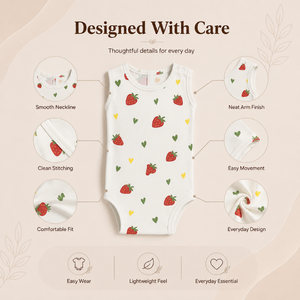 Débardeur pour bébé 100% bambou avec imprimé fraises |   Vêtements pour bébés sans manches avec fermeture à pression, été, unisexe, confort quotidien, légers - Product Image 3