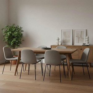Scandinavian Solid Wood Dining Table Set Rectangular Tapered Leg Minimalist Nordic Dining Table and Chairs Modern Fabric Chairs - Product Image 1