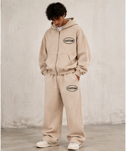 Ensemble assorti personnalisé 100 % coton épais : sweat à capuche zippé coupe ample et pantalon large unisexe, survêtement streetwear de qualité supérieure - Product Image 2