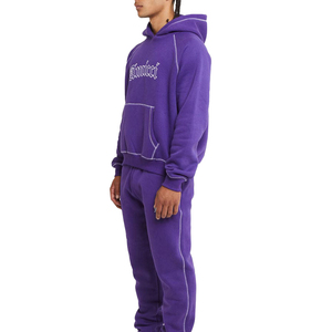 Purple Hooded Tracksuit Set Full Length Pants With Front Logo <b>Print</b> Casual Wear For Men Autumn Season 100% Cotton - Product Image 3