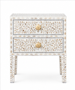 White Bone Inlay Floral Pattern <b>Drawer</b> Storage Cabinet Luxury Bedroom Furniture Handmade Wooden <b>Side</b> <b>Table</b> Bohemian - Product Image 3