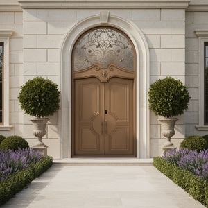 Royal Luxury Traditional Steel Entry Door with Geometric Glass Panels Arched Design <b>Swing</b> Style Exterior Use Finished Surface - Product Image 2