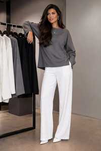 Oneten Apparels Women Grey Crew Neck <b>Top</b> <b>White</b> Wide Leg Pants 2 Piece Set - Product Image 2