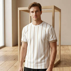 Men's Casual Short Sleeve Striped Knitted <b>T</b>-<b>Shirt</b> O-Neck Regular Fit Contrast Trim Eco-Friendly Cotton Breathable Machine Front - Product Image 4