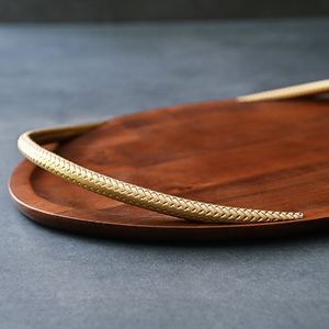 Wholesale Luxury Oval Acacia Wood Serving Tray Bulk Hotel Platter with Elegant Curved Textured Gold Metal Decorative Handles - Product Image 3