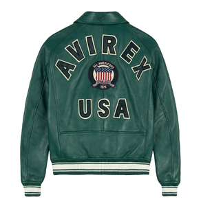 Chaqueta Bomber Avirex de Cuero Vacuno Verde Bosque para Hombre, Estilo Urbano, con Ribete Frontal de Punto y Puños a Rayas, Cuello de Solapa de Cuero - Product Image 2