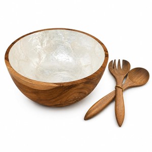 Aqdus Saleem Bol à fruits rectangulaire contemporain en bois de teck artisanal, incrustation nacre, pour installation sur table - Product Image 1