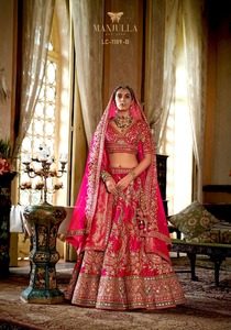 Conjunto de Lehenga Rojo para Novia, Tejido y Bordado, Poliéster/Algodón, Blusa con Cuello en V y Lehenga, Traje de Boda - Product Image 6