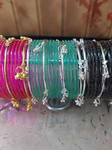 Ensemble de bracelets et joncs empilables en verre plaqué argent pour femmes, noir et vert, bijoux ethniques écologiques pour mariage - Product Image 2