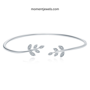 Antique Silver Leaf Open Bangle <b>Bracelet</b> Zircon Inlay Alloy Geometric Jewelry for Gift Party Wedding - Product Image 1