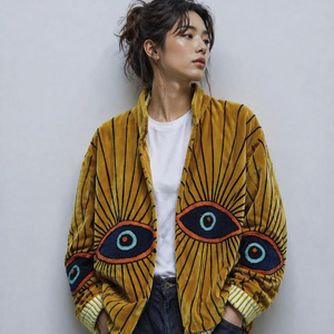 Veste en velours pour femmes grandes tailles EcoDari, style vintage, imprimé yeux brodés, col montant, col détachable, fermeture éclair, veste Suzani en coton - Product Image 2