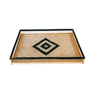 Plateau rectangulaire décoratif en bambou noir et naturel, plateau de service en forme de diamant, plateau à nourriture pour la décoration et le rangement à la maison - Product Image 3