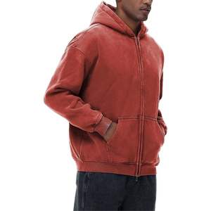 Sweat à capuche délavé à l'acide 100% coton mélangé, brodé, teint uni, épaules tombantes, avec fermeture éclair intégrale, coupe ample vintage pour l'hiver 2026 - Product Image 2