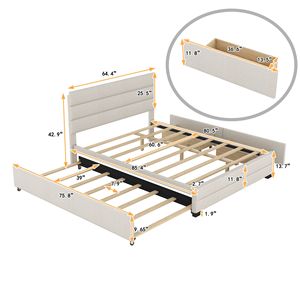 Letto matrimoniale imbottito con piattaforma, letto estraibile singolo e due cassetti beige - Product Image 4