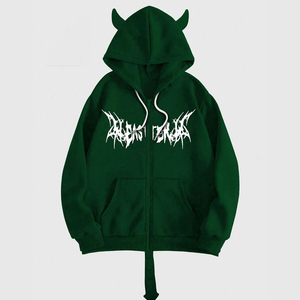 Sudadera con capucha verde oscuro para hombre con cremallera, cuernos de diablo en la capucha y cola, estilo Y2K, streetwear, estampado gráfico gótico, moda alternativa. - Product Image 1