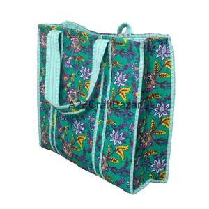 Eco-Friendly Women's 100% Pure Cotton Striped Quilted Tote <b>Bag</b> Long Handle Large Size Travel Ready for Groceries Party Use - Product Image 1