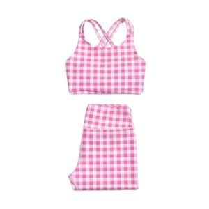 Pink Gingham Yoga Set Cross Back Sports Bra and High Waist Workout Shorts Two Piece Gym Outfit Set For Women - Product Image 3