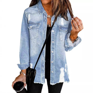 Chaqueta vaquera informal holgada para mujer, nueva moda, con efecto lavado y desgastado, con cuello vuelto - Product Image 1