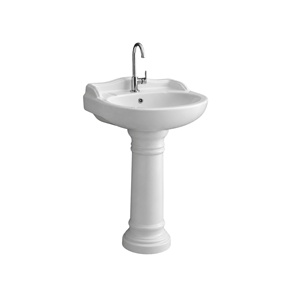 Lavabo sur pied ovale traditionnel pour salle de bain, certifié NSF, avec robinet à levier monotrou, finition polie brillante - Product Image 1