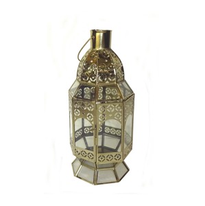 Farol de vela octogonal marroquí de metal pulido en cobre y oro rosa con paneles de vidrio texturizado en relieve y techo de cúpula perforado con diseño de lazo - Product Image 2