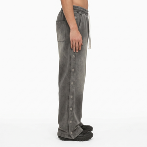 Men's Custom Acid Wash Cotton Baggy <b>Sweatpants</b> with Wide Legs & Side Buttons (<b>Wholesale</b>) - Product Image 2