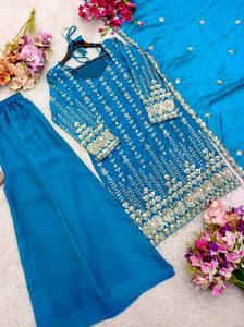 TENNECY Nuevo Diseño Conjunto de Top, Pantalón Palazzo y Dupatta de Satén de Seda Elástico, Reversible, de Secado Rápido y Antiarrugas, Listo para Bodas y Diwali - Product Image 4
