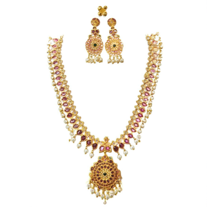 Antique Gold Plated Alloy Crystal Oxidized Polish Kemp Studded <b>Bridal</b> Haram <b>Necklace</b> <b>and</b> <b>Earring</b> <b>Set</b> for Anniversary - Product Image 1