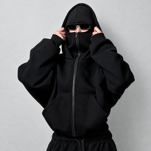 Veste streetwear personnalisée pour femme avec capuche double cagoule intégrée, fermeture éclair intégrale, en polyester et coton, avec cache-visage intégré et poignets côtelés - Product Image 1