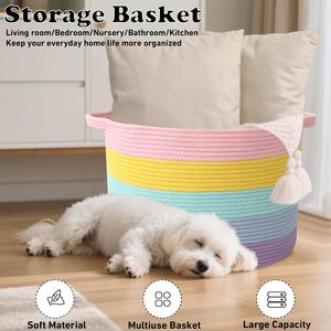 Colorful Cotton Rope <b>Storage</b> <b>Basket</b> Oval Multifunctional With Handles <b>Large</b> Capacity Blanket Laundry Hamper - Product Image 1