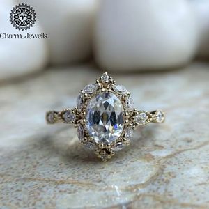 Charm_Jewells Vintage <b>Oval</b> <b>Moissanite</b> <b>Engagement</b> <b>Ring</b> Silver Prong Setting Flower Design IGI Certified 3 GM Women's Jewelry - Product Image 1