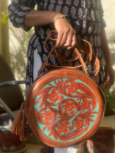 กระเป๋าถือหนัง,ใหม่กระเป๋าถือโรงอาหารทรงกลมทำมือทำจากหนังแท้สำหรับผู้หญิง - Product Image 3