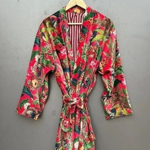 Bata Kimono con Estampado de Dibujos Animados para Mujer, Suave y Transpirable, 100% Algodón, Camisón de Verano Hecho a Mano, Cuello en V, Cintura Elástica, Largo Completo - Product Image 1