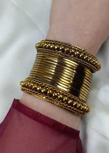 Pink Multi Kasmiri Churiyan <b>Bangles</b> Golden Kadda Ghungaro Pearl Trendy Geometric Design Customizable Colors Sizes Women's - Product Image 5