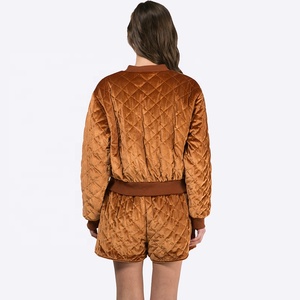 Ensemble deux pièces matelassé en velours pour femme, col rond, fermeture éclair, décontracté, pour l'automne, coupe régulière, manches longues, longueur au-dessus du genou - Product Image 2
