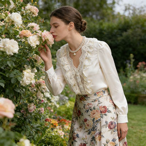 Oferta especial en Temu |   Blusa Elegante con Volantes y Cuello en V para Mujer, Camisa de Manga Larga con Botones, Top Informal para Oficina o Fiesta - Product Image 5