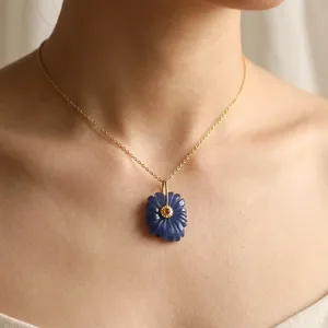 Colgante Ortodoxo con Flores Talladas, Chapado en Oro de 18k, Latón, Piedra Preciosa Natural, Cuarzo Azul Londres, Opalita, Cuarzo Rojo, Circonita Cúbica, para Mujer - Product Image 1