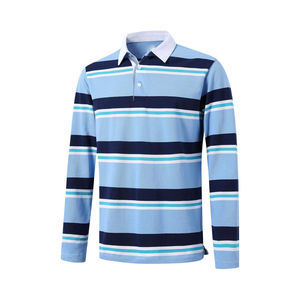 Polo en tricot rayé à manches longues pour homme, décontracté, bleu marine, boutonné, coupe classique - Product Image 1